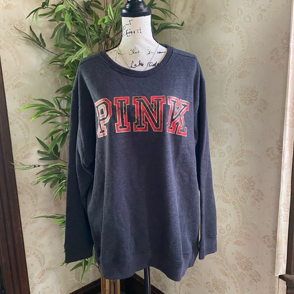 PINK Gray Plaid Logo Holiday Sweatshirt NWT